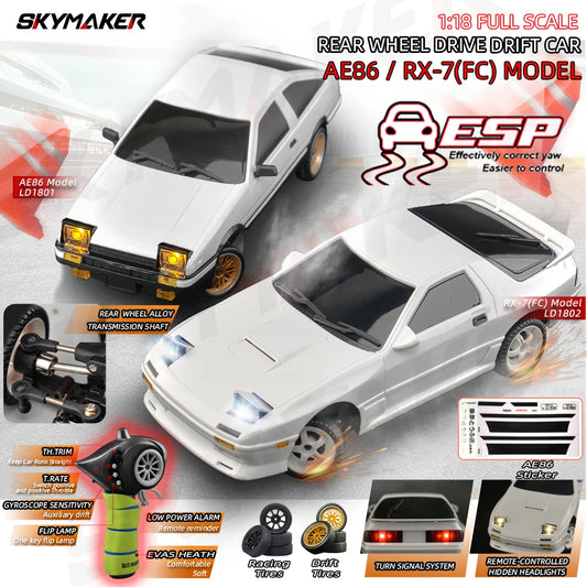 AE86 Model LD1801 RX-7 FC LD1802 1:18 RC Drift Car 1/18 2.4G Remote Control on Road ESP Gyroscope LED Mini RC Racing Car Toys
